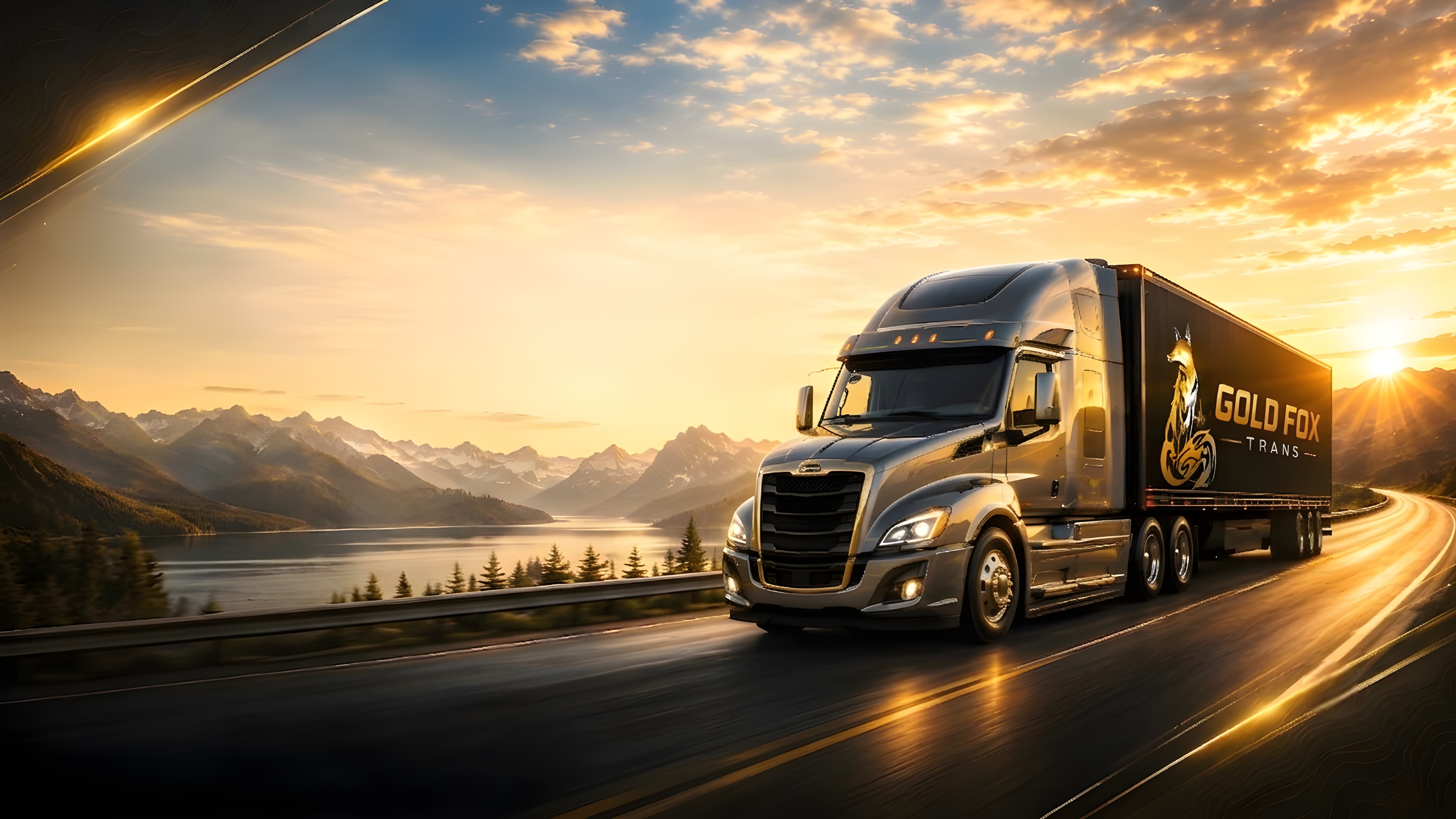 Gold Fox branded semi-truck on a mountain road at golden sunset