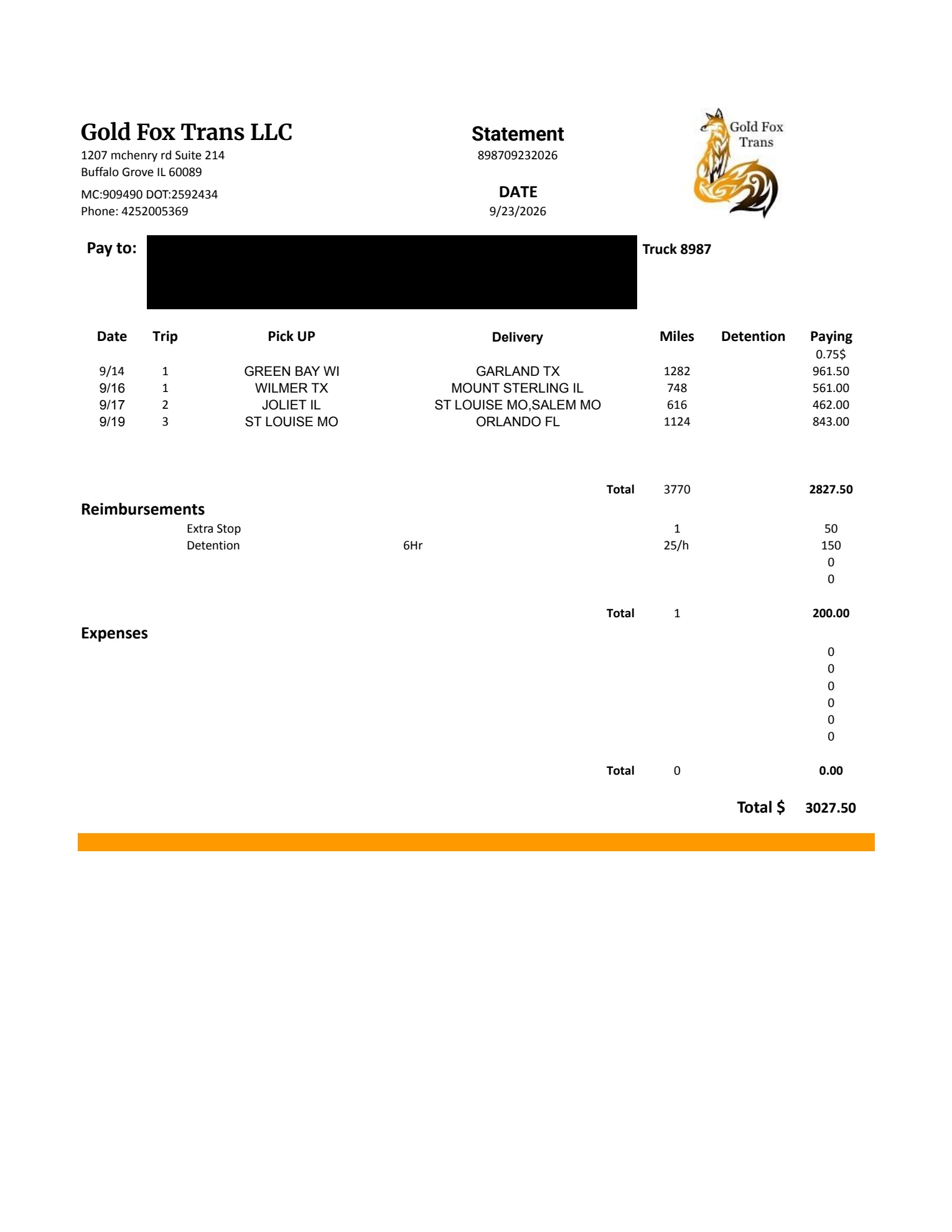Original Gold Fox driver statement with a final total of 3,027.50 dollars